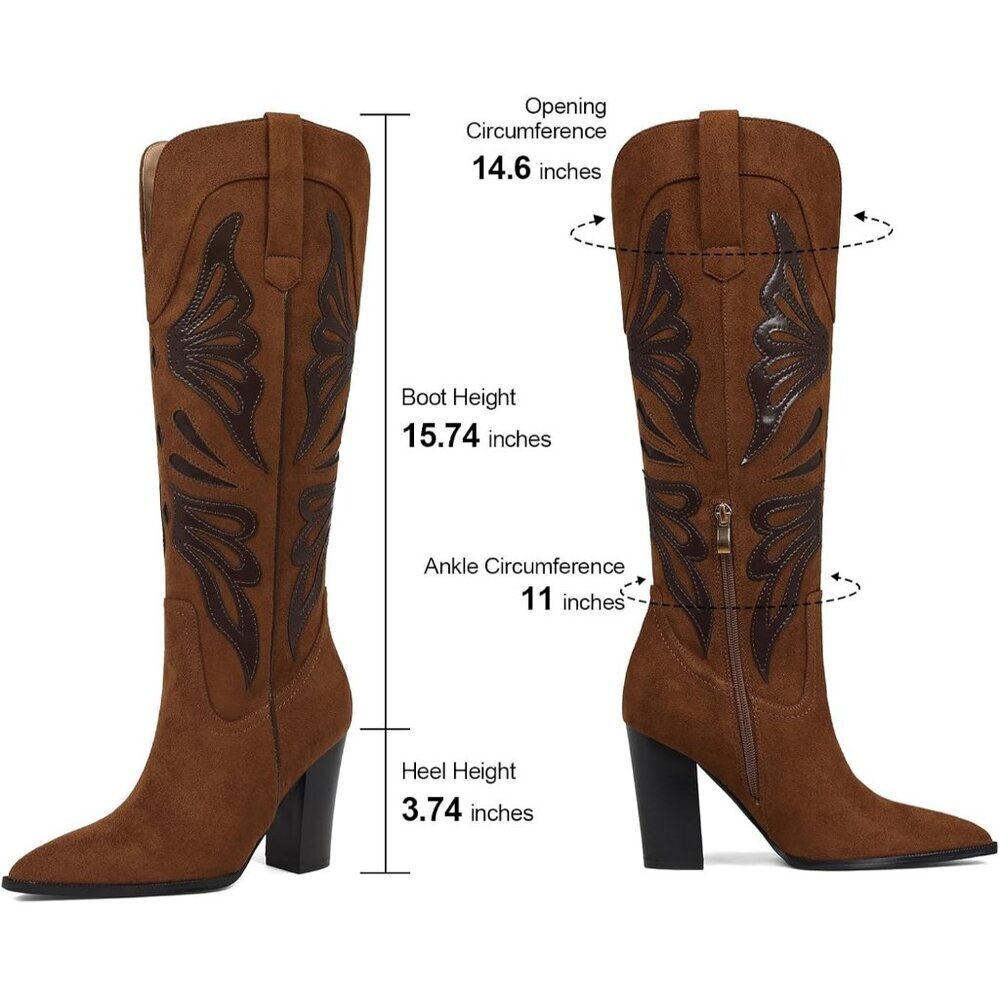 Women's Brown Pointed Toe Chunky High Heels Cowgirl Wide Calf Knee High Boots - Picture 6 of 7
